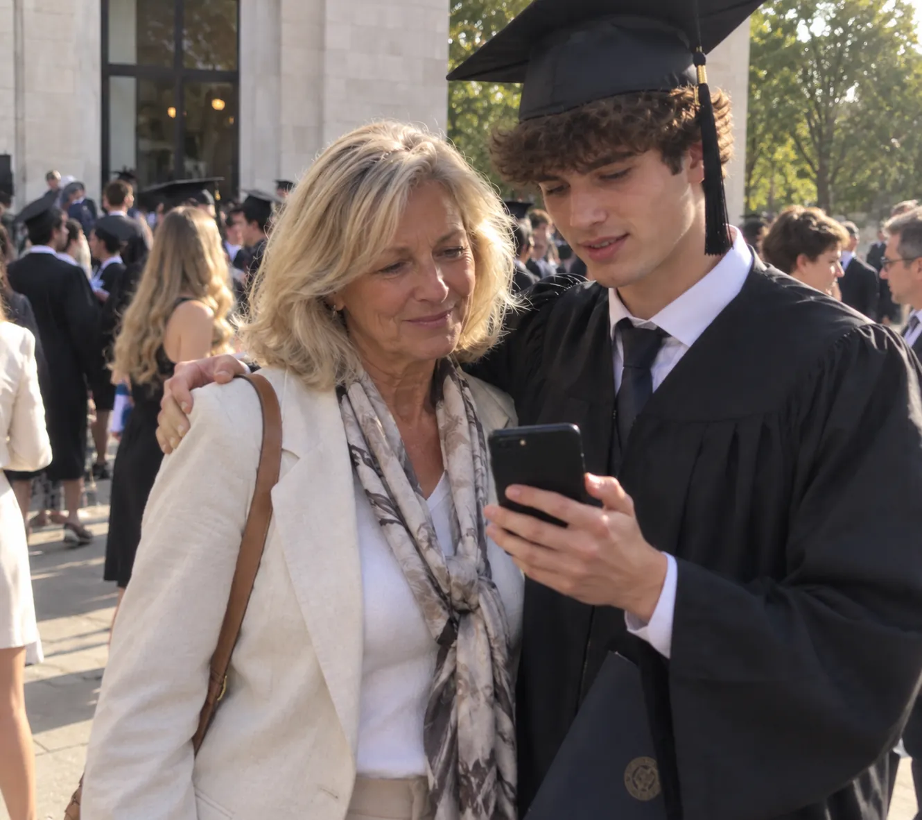 Linda and Jake looking at a phone after graduation.
