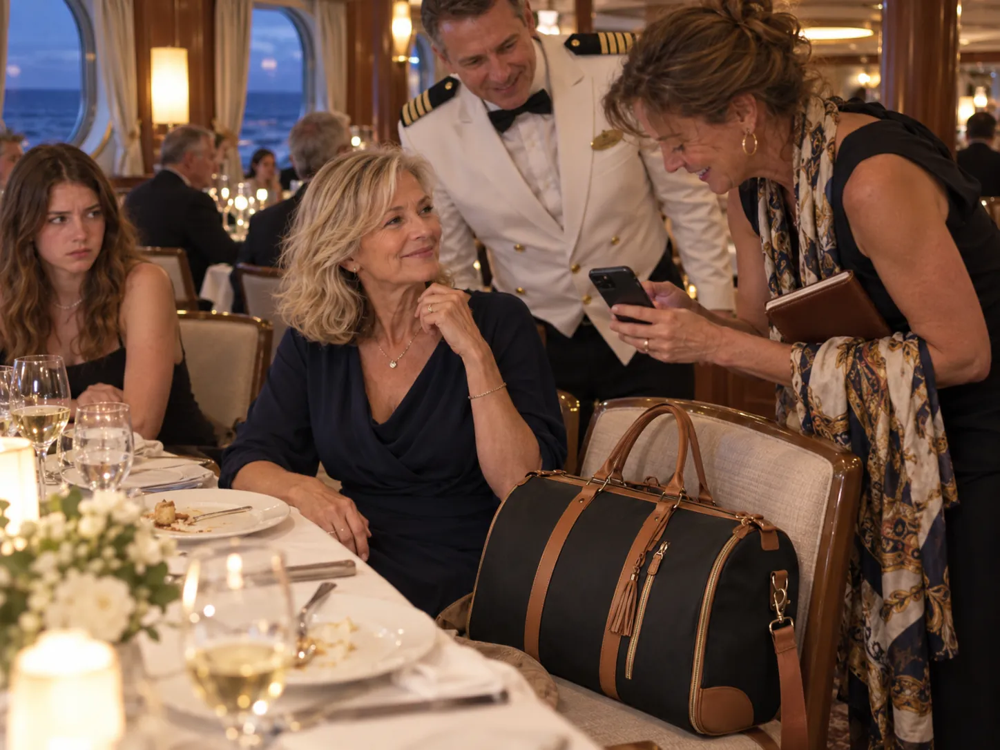 A woman and ship officer asking Linda about her Luhxe during formal dinner.