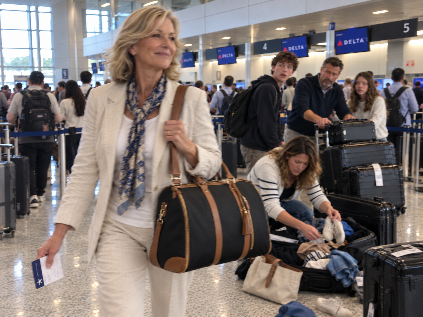 Linda walking past her family at airport check-in with one elegant bag while they struggle with multiple suitcases.