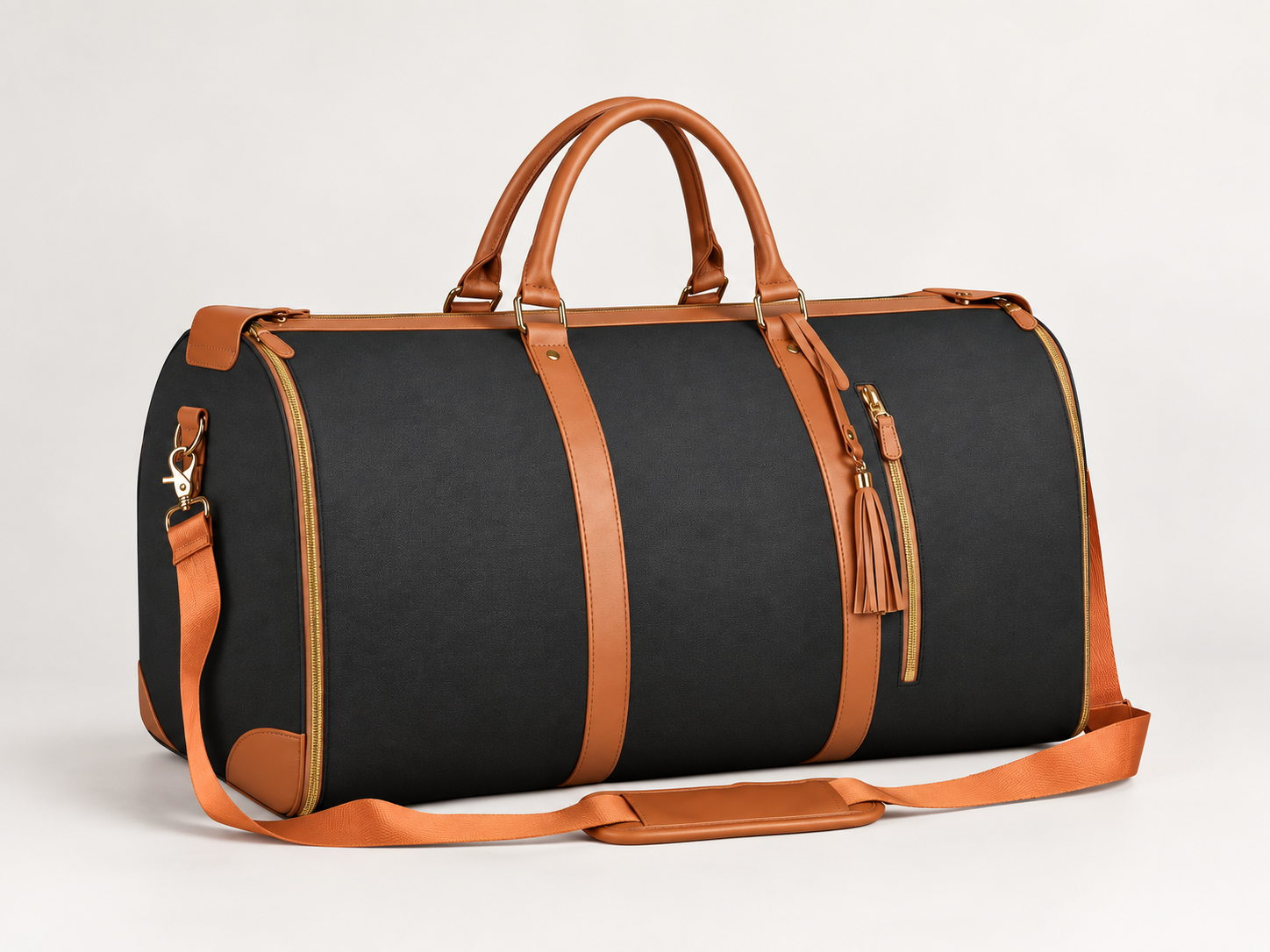 Charcoal black Luhxe Travel Bag with tan trim.