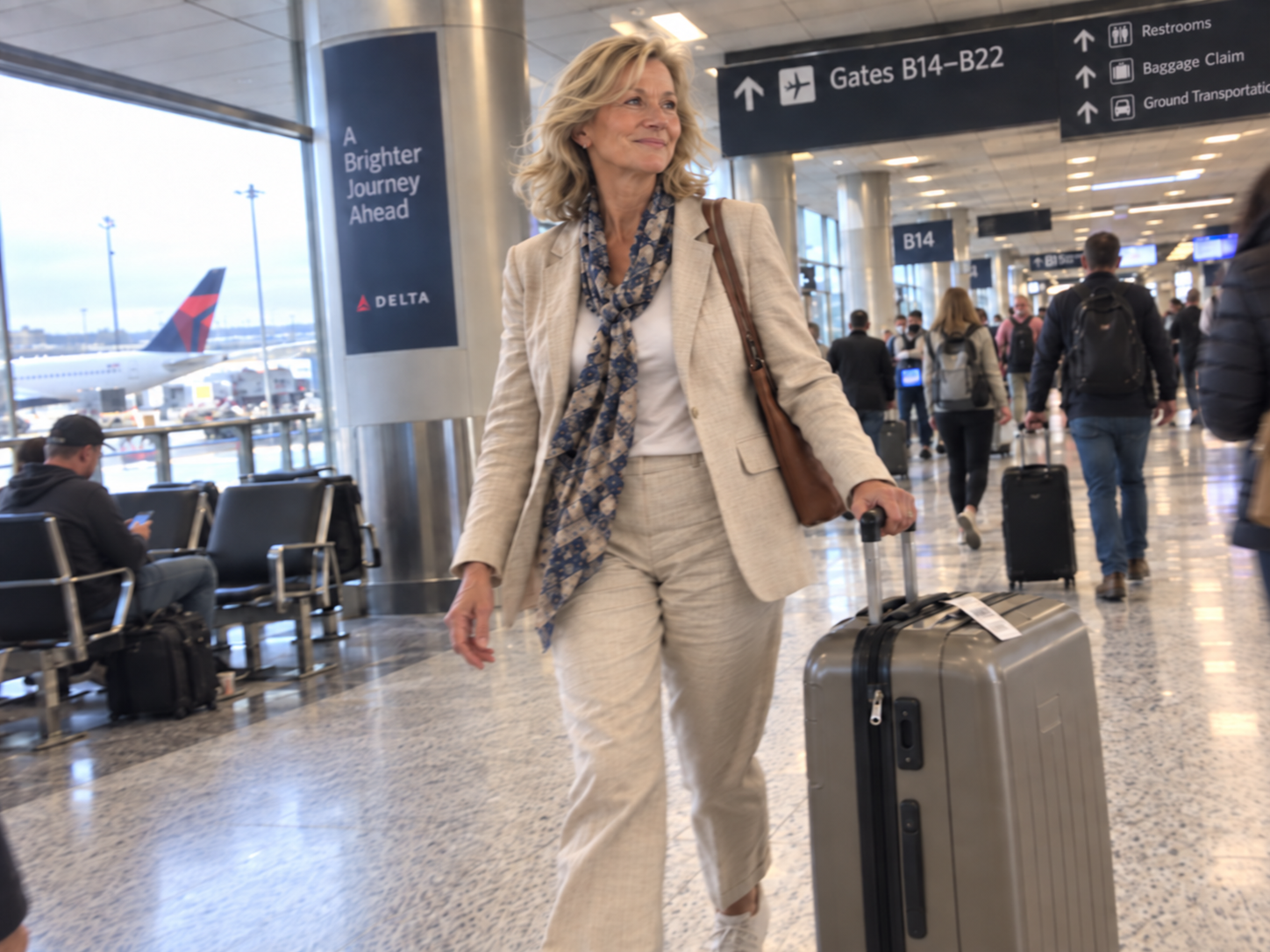 Linda, 64, walking through an airport with a standard hard-shell carry-on before she discovers Luhxe.